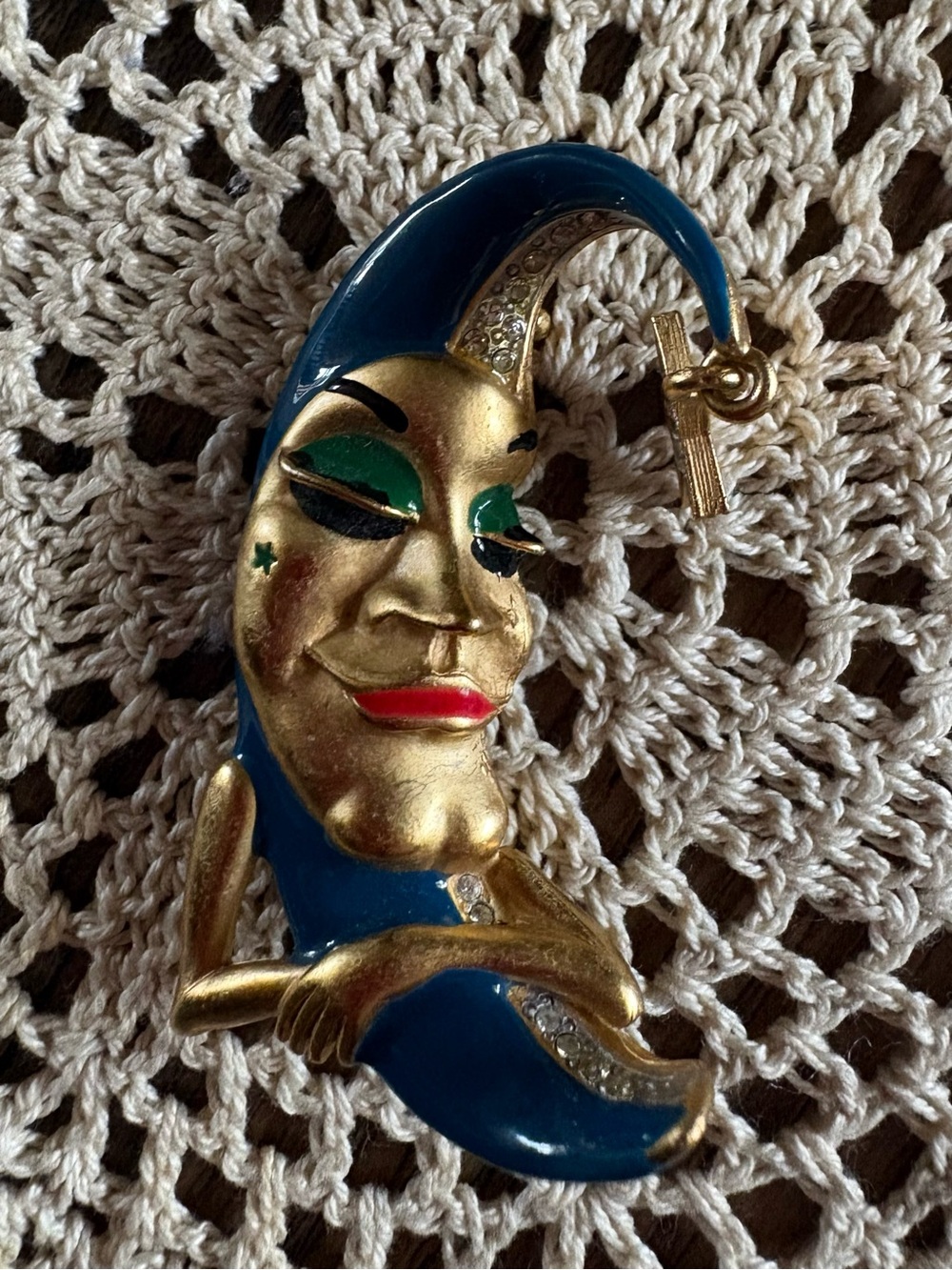 Erwin Pearl Vintage Blue Goldtone Moon Face Brooch Enamel Man in the Moon VHTF